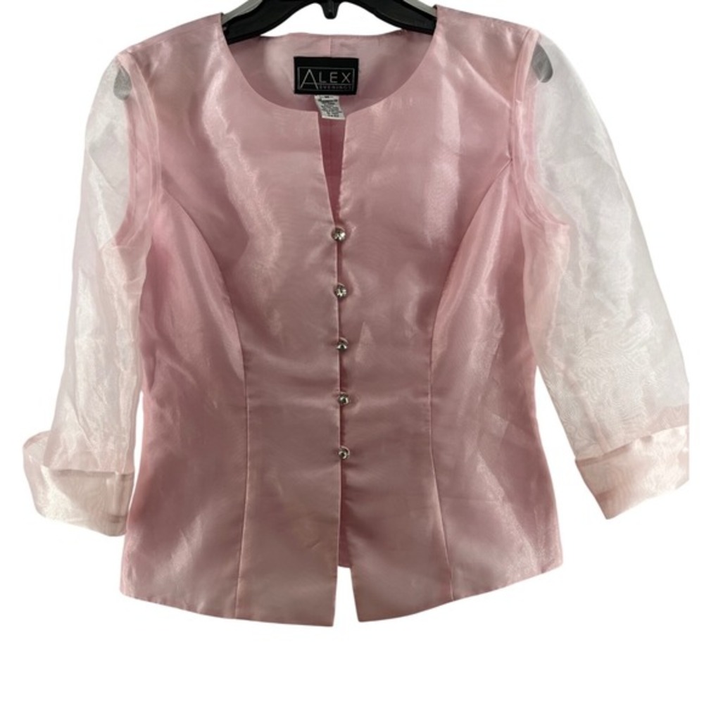 Alex Evenings Blouse Womens Medium‎ Pink Excellent Shimmer Sheer Sleeve Formal - Picture 2 of 8